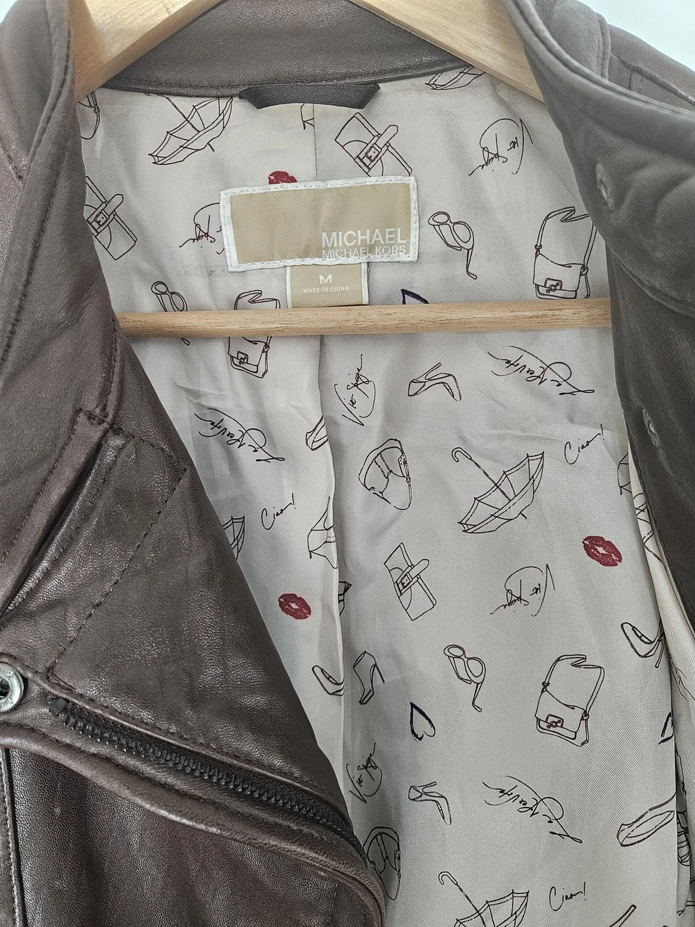 MICHAEL KORS 100% Lambskin Leather Moto Jacket - Chocolate Brown